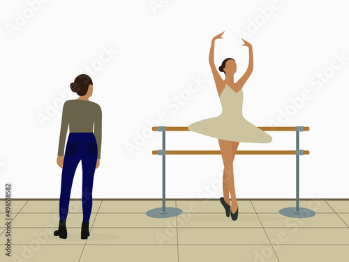 A ballerina is dancing in front of a ballet barre while a female character is looking at her
