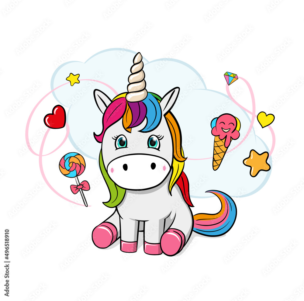 Naklejka premium Vector Cute Cartoon Unicorns Ice Cream Heart Candy Cloud Stars
