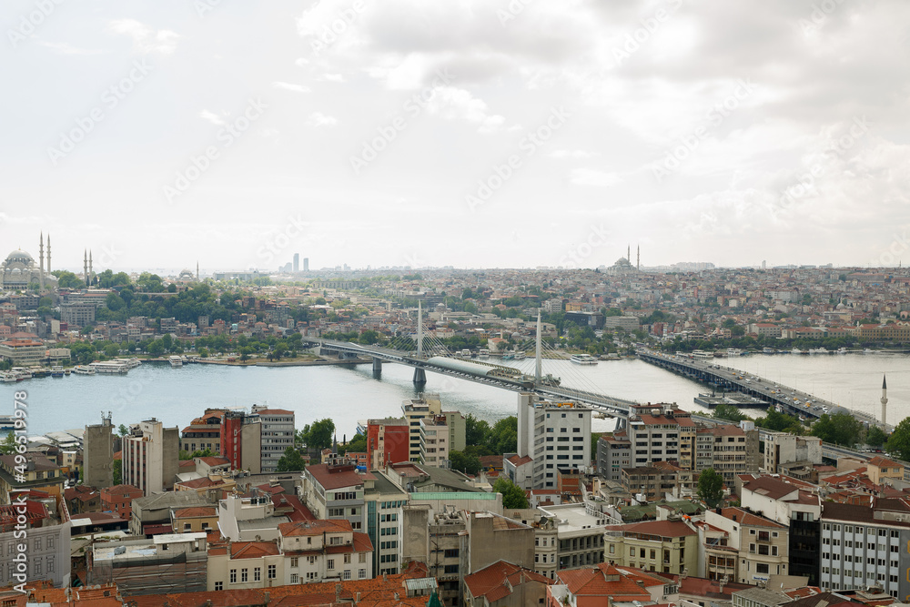 Beautiful panorama of the historical city of Istanbul from the Galata Tower. Breathtaking panoramic view of the ancient city of Istanbul with historical sights and marble sea. 