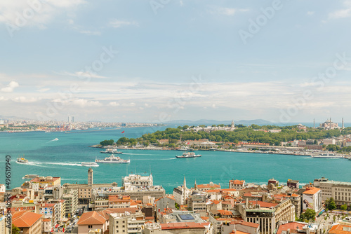 Beautiful panorama of the historical city of Istanbul from the Galata Tower. Breathtaking panoramic view of the ancient city of Istanbul with historical sights and marble sea.  © st.kolesnikov