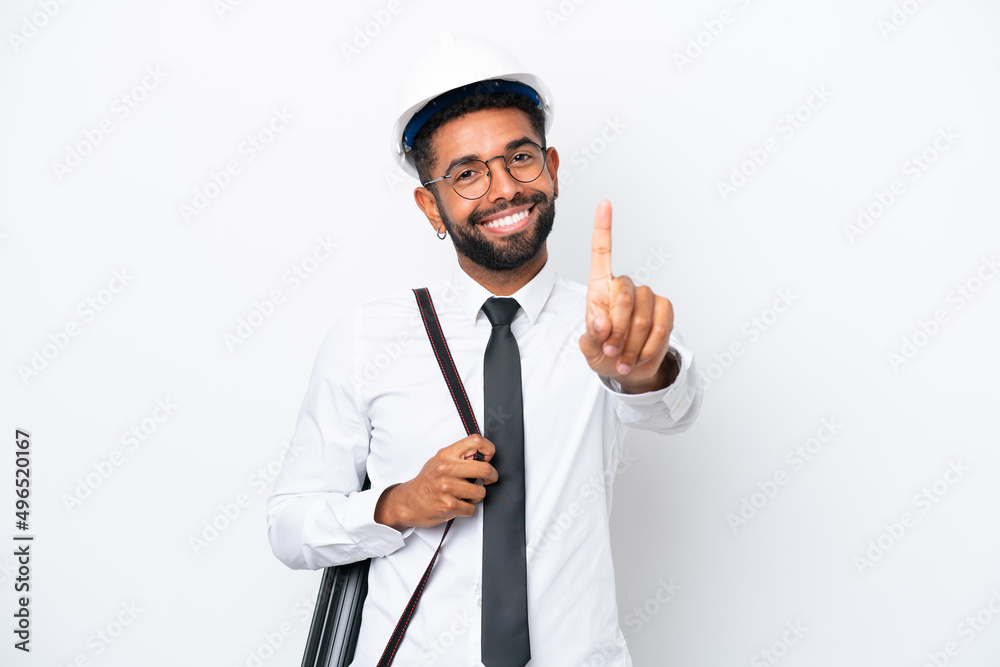 Young architect Brazilian man with helmet and holding blueprints isolated on white background showing and lifting a finger Young architect Brazilian man with helmet and holding blueprints isolated on white background showing and lifting a finger
