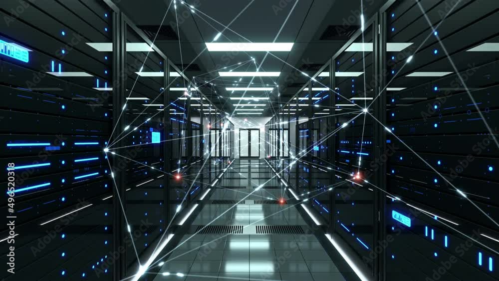 Transmission of digital information over a network between computing servers and a big data storage in a data center server room. Concept of cloud computing, cloud storage and machine learning. 4K