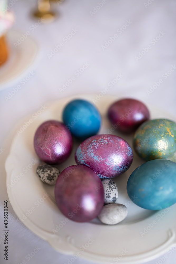 Festive breakfast with easter eggs on white background Festive breakfast with easter eggs on white background