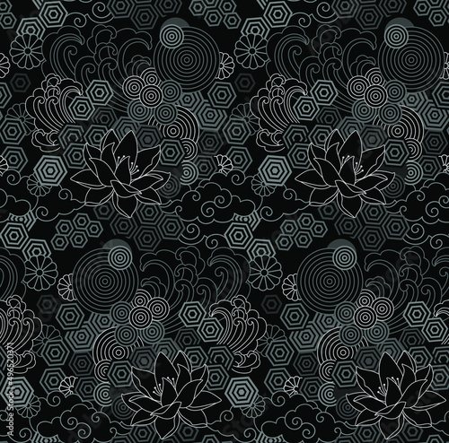 Lotos. Floral Black and White Geometric Seamless Pattern. 