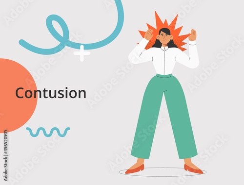 Flat vector illustration with female character experiencing anxiety, headaches, depression, panic attack or emotional problems. Brain injury or contusion.
