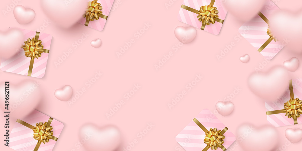 Girlish pink love heart and present gift box with golden ribbon flower Girlish pink love heart and present gift box with golden ribbon flower
