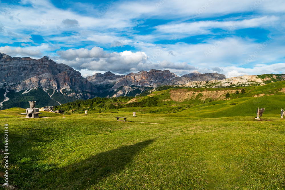 Pralongia high plateau with peaks on the background in the Dolomites