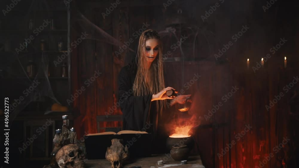 Halloween, witch reading magic book use cauldron prepare poison or love potion add ingredient magic dust. Black magic occult female wizard in dark room cage spider web human skull Necromancer Handheld Halloween, witch reading magic book use cauldron prepare poison or love potion add ingredient magic dust. Black magic occult female wizard in dark room cage spider web human skull Necromancer Handheld