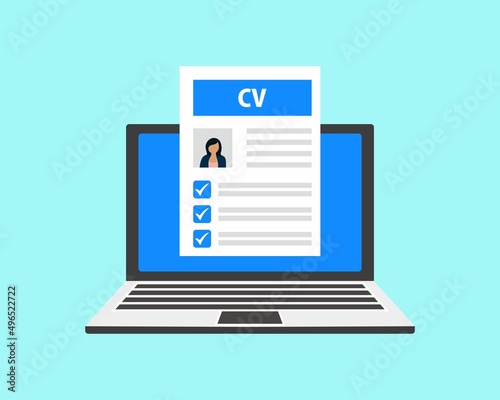 CV resume. Job interview concept. Writing a resume. Laptop with personal resume. Vector illustration. © muh