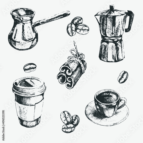 Hand drawn coffee set. Coffee cup, coffee beans, coffee maker, turk, canella