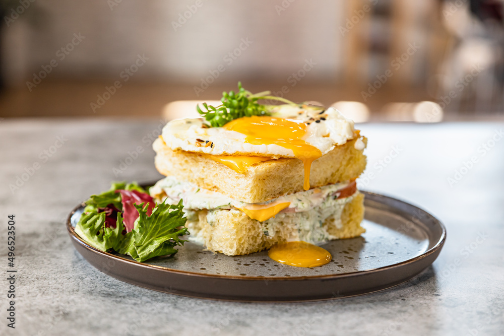 Croque Madame - hot french sandwich with ham, melted cheese, fried egg and sauce with salad. Delicious breakfast. Croque Madame - hot french sandwich with ham, melted cheese, fried egg and sauce with salad. Delicious breakfast.