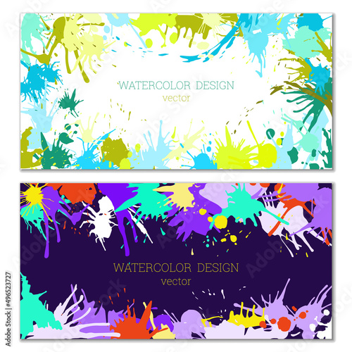 Splashes of paint. Blots. A set of two creative bright watercolor backgrounds. Banner, cover design. Artistic design in abstract style.