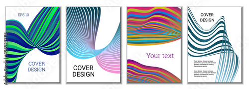 A set of 4 abstract covers. Wavy parallel gradient lines, ribbons evolve. Cover design, background. Trendy banner, poster.