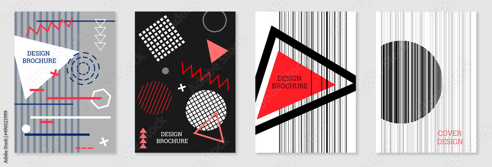 Set of cover design in Memphis style. Geometric design, abstract background. Fashionable bright cover, banner, poster, booklet. Creative colors. Set of cover design in Memphis style. Geometric design, abstract background. Fashionable bright cover, banner, poster, booklet. Creative colors.