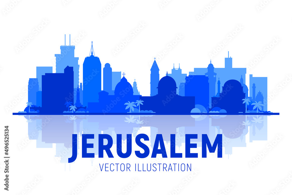 Fototapeta premium Jerusalem, Israel silhoutte skyline with panorama in white background. Vector Illustration. Business travel and tourism concept with modern buildings. Image for presentation, banner, web site.