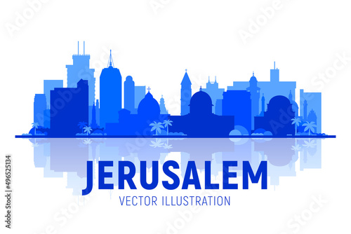 Jerusalem, Israel silhoutte skyline with panorama in white background. Vector Illustration. Business travel and tourism concept with modern buildings. Image for presentation, banner, web site.
