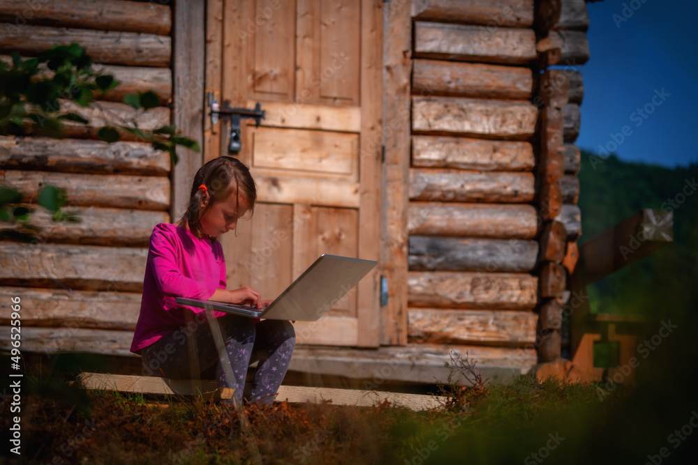 Young beautiful girl uses a laptop and studies remotely outdoorson. Horizontal image. Young beautiful girl uses a laptop and studies remotely outdoorson. Horizontal image.