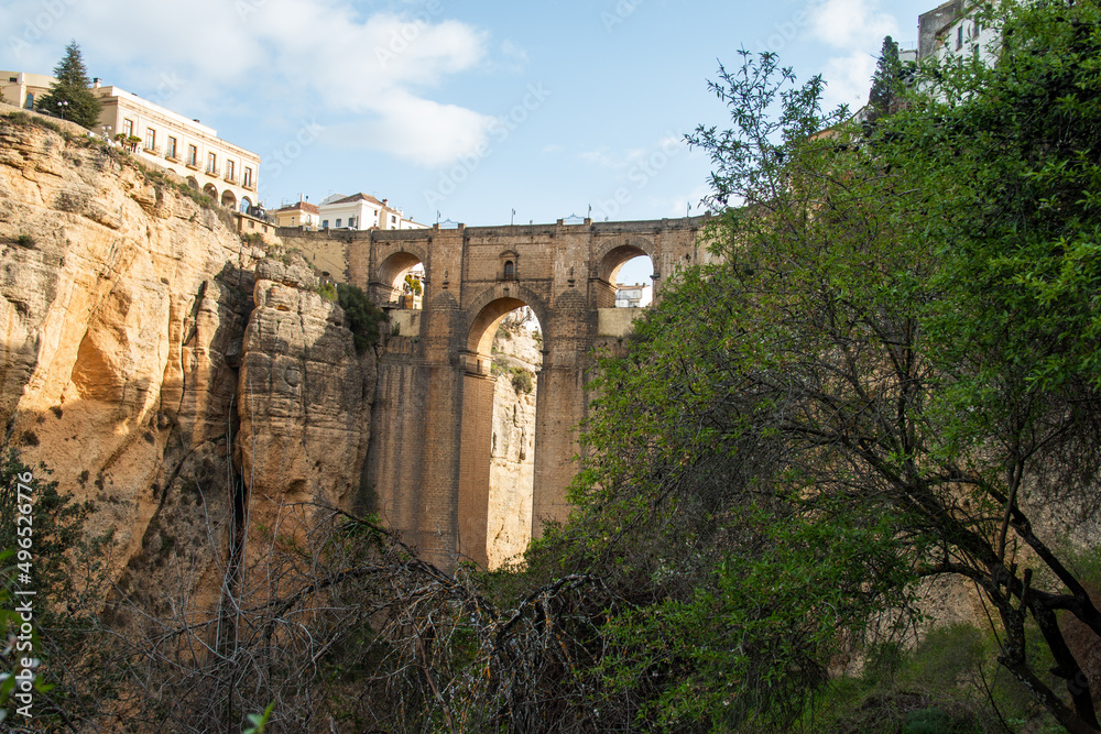 Puente Nuevo, the newest and largest of three bridges in Ronda, Spain. View from below
