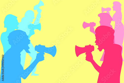 men and women of different races fiercely defend their different opinions, vector illustration in color