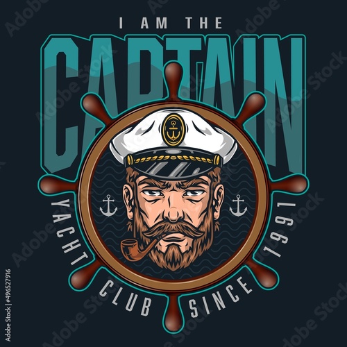 Vintage bearded sailor smoking pipe, marine logo with sea captain in hat and helm of the ship isolated vector. Design for yachting club