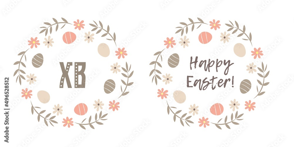 Easter floral, eggs, composition with text in the centre on whitw background.holiday marketing concept.Composition of eggs and  flowers.Round easter frame.Vector. illustration.Pink.Yellow.Brown.wreath