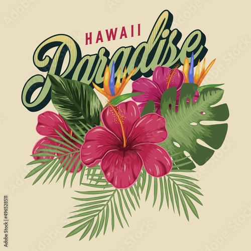 Tropical labels with exotic floral design with flower hibiscus and leaves palm and monstera isolated vector. Emblem for t-shirts.