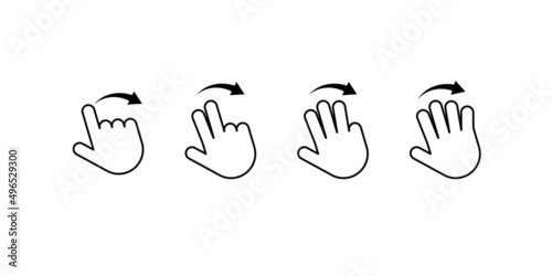 Gesture swipe icon, hand flick with one two and three pointer fingers. Sensory touch drag symbol collection.