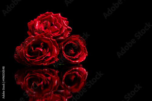 Fototapeta Naklejka Na Ścianę i Meble -  Red roses on a black reflective surface taken at a low angle. Great for Love, anniversaries, wedding, valentines.  