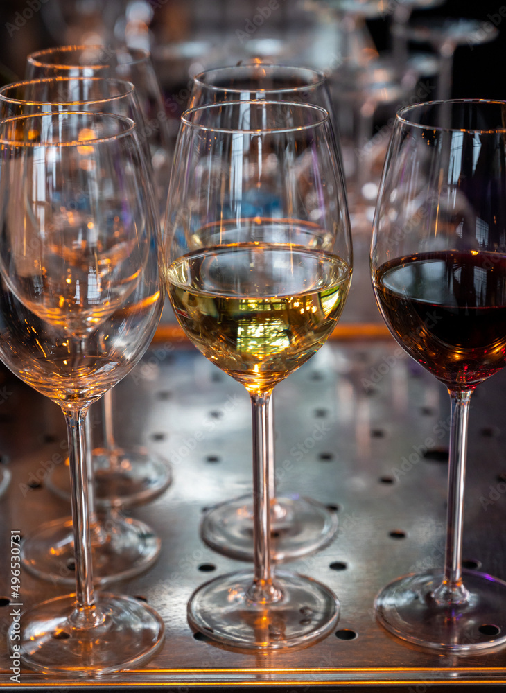 Many glasses of white and red white served for party or celebration Many glasses of white and red white served for party or celebration