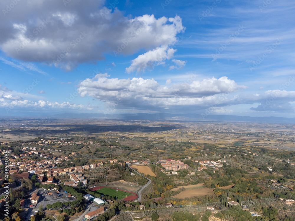Aerial view on hills witn vineyards near old town Montepulciano, Tuscany, Italy