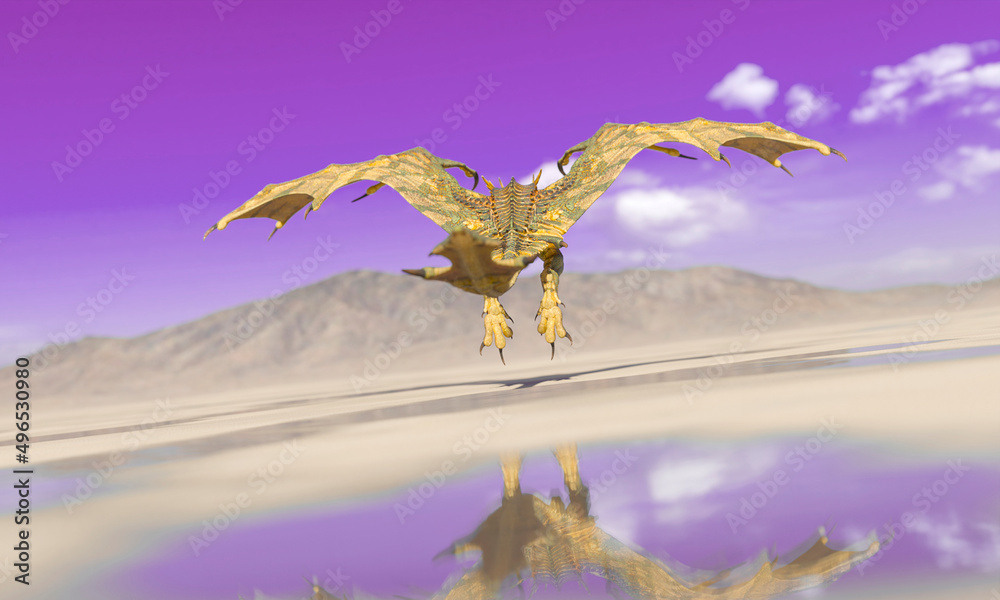 Naklejka premium dragon is under attack on the desert after rain rear view