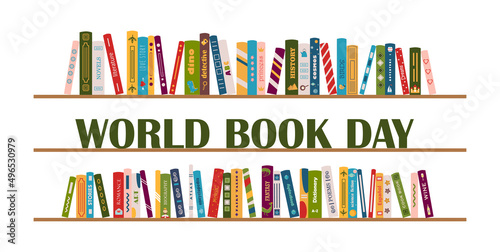 Books on shelves. World book day. International literacy day. Biography, adventure, novel, poem, fantasy, story, detective, art, romance, childrens books, cook books.Vector illustration in flat style