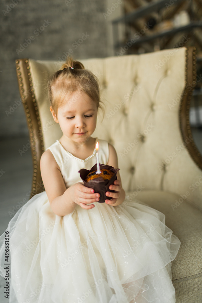little girl celebrates her birthday. blows out the candle on the cake