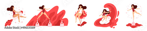 Women with tampon, pad, menstrual cup. Active life concept. Girl having menstrual period, menstruation, premenstrual syndrome, PMS, female reproductive system. Set of vector illustrations. photo