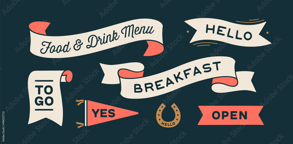 Vintage graphic set. Ribbon, flag, arrow, board with text Breakfast, Open, Yes, To Go, Hello, Menu. Set of ribbon banner and retro graphic. Isolated vintage old school set shapes. Vector Illustration