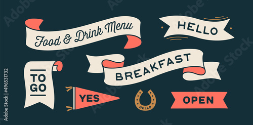 Vintage graphic set. Ribbon, flag, arrow, board with text Breakfast, Open, Yes, To Go, Hello, Menu. Set of ribbon banner and retro graphic. Isolated vintage old school set shapes. Vector Illustration