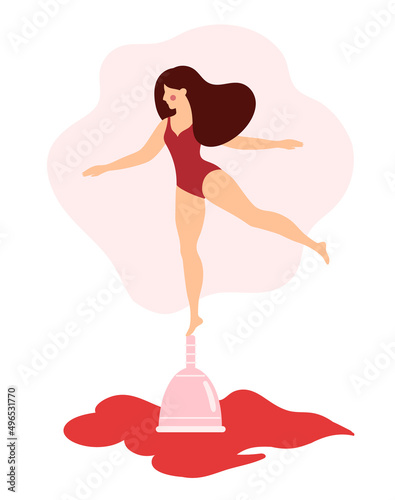 Woman balancing on menstrual cup. Girl having menstrual period, menstruation, premenstrual syndrome, PMS, female reproductive system. Active life concept. Vector illustration.