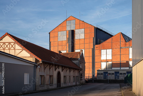 Vintage red brick industrial factory warehouse in the city of Cherbourg, France