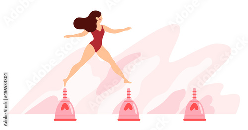 Woman jumping on menstrual cups. Girl having menstrual period, menstruation, premenstrual syndrome, PMS, female reproductive system. Active life concept. Vector illustration, horizontal banner.