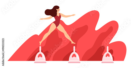 Woman jumping on menstrual cups. Girl having menstrual period, menstruation, premenstrual syndrome, PMS, female reproductive system. Active life concept. Vector illustration, horizontal banner.