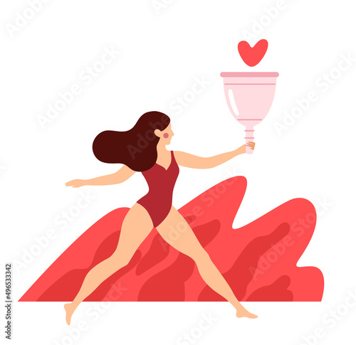 Woman holding menstrual cup. Girl having menstrual period, menstruation, premenstrual syndrome, PMS, female reproductive system. Active life concept. Vector illustration.
