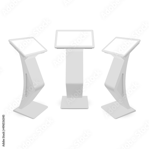 Touch Screen Information Kiosks, Front and Side View, Isolated on White Background. Vector Illustration