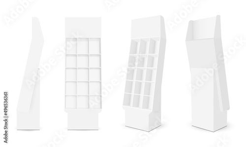 Blank Cardboard Display Racks, Isolated on White Background, Front, Side and Back View. Vector Illustration