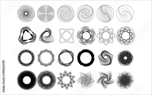 Big set of sacred geometric symbols. Circular, triangular, star ornament set. Round, circle spirograph set. Abstract elements  for documents, templates, business., currency, diploma, certificate. 