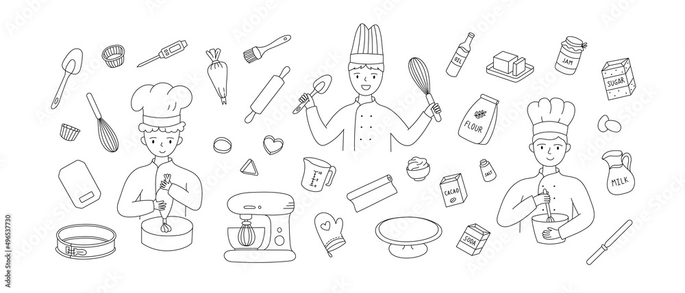 Hand drawn set of cooking Kitchenware with people cheif. Doodle sketch style.