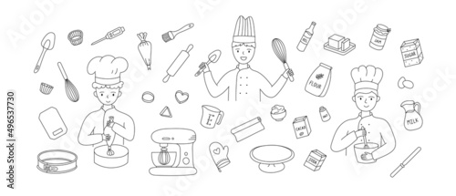 Hand drawn set of cooking Kitchenware with people cheif. Doodle sketch style. photo