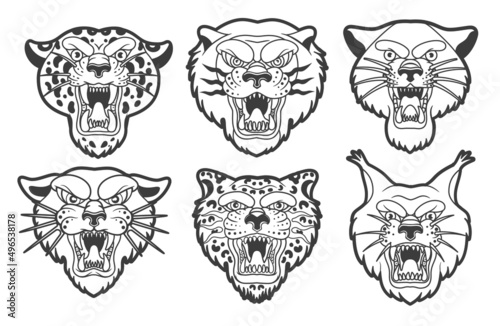 Mascot Logo Collection. Head Of Leopards, Lion, Lunx, Tiger Isolated Vector Illustration. 