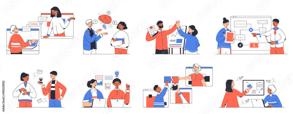 Business outline people, office working team organisation and communication. Office teamwork, brainstorming, presentation vector symbols illustrations set. Company workflow concept