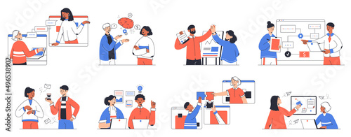 Business outline people, office working team organisation and communication. Office teamwork, brainstorming, presentation vector symbols illustrations set. Company workflow concept