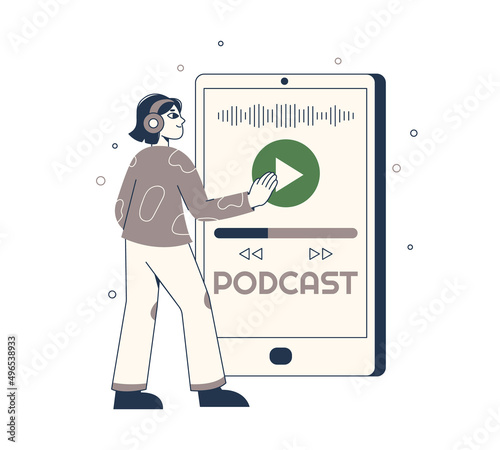 Person listening audio podcast or interview talk show. Cartoon live broadcast, radio podcast record flat vector symbols illustration. Social media podcast